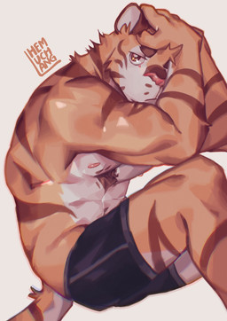 anthro black_boxers black_clothing black_underwear boxers_(clothing) boxers_only brown_stripes clothed clothing fur male muscular muscular_anthro muscular_male orange_body orange_eyes orange_fur solo stripes topless underwear underwear_only hemuchang felid mammal pantherine tiger 2022 hi_res