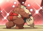 anthro asian_clothing black_nose bodily_fluids brown_body brown_fur butt clothing dohyo duo east_asian_clothing fighting_ring fur humanoid_hands japanese_clothing male mawashi overweight overweight_male sumo sumo_ring sumo_wrestling sweat teeth takataka bear human mammal 2019