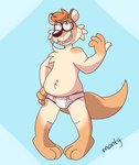 anthro barefoot black_nose blue_background briefs briefs_only brown_eyes clothed clothing detailed_background eyewear feet fur glasses hand_on_leg hand_on_thigh male open_mouth orange_body orange_fur simple_background smile solo tan_body tan_fur teeth_showing tighty_whities topless underwear underwear_only white_background white_briefs white_clothing white_underwear montypup mammal mustelid otter hi_res signature