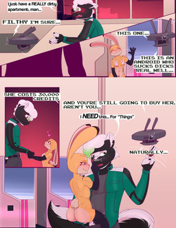 anthro bottomless bottomless_female carrying_another carrying_partner clothed clothed_male clothing cybernetics cyberpunk dialogue duo female happy long_ears machine male male/female nude nude_female pasties scut_tail short_tail shortstack smile smiling_at_viewer speech_bubble tail wide_hipped_anthro wide_hipped_female wide_hips bunnysinfull naught_joe naz badger honey_badger lagomorph mammal mustelid musteline robot robot_anthro 2024 absurd_res comic hi_res