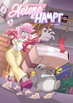 anthro being_watched blue_eyes blush blush_stickers book breasts clothed clothed_anthro clothed_female clothing duo_focus emanata extreme_size_difference female footwear grey_body group hair high_heels hood jacket leggings legwear long_hair looking_at_another male micro_male nude_male open_mouth orange_hair pink_hair red_clothing red_jacket red_topwear running semi-anthro shirt shoes size_difference text topwear trio white_clothing white_shirt white_topwear yellow_clothing yellow_leggings yellow_legwear tracy_yardley hampt_(jamoart) helene_marilyn pepper_page canid canine canis cricetid domestic_dog hamster mammal rodent 2025 absurd_res cover cover_art cover_page english_text hi_res