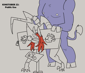 anthro ball_gag duo gag hair lock male male/male nude padlock questionable_consent red_hair restraints stocks rusheloc kinktober kinktober_2025 robin_(rusheloc) american_opossum bovid bovine cattle mammal marsupial virginia_opossum 2025