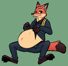 anthro belly big_belly bloated clothing fur green_eyes huge_belly hyper hyper_belly male orange_body orange_fur police police_uniform solo uniform thetunafish disney zootopia nick_wilde canid canine fox mammal hi_res