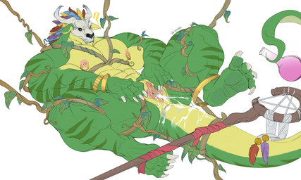 abs animal_genitalia anthro biceps bone bone_mask claws genital_slit genitals green_body male mask nipple_piercing nipples pecs piercing skull skull_mask solo staff striped_body stripes tail big_treeeee terraria witch_doctor_(terraria) canid canine canis domestic_dog hunting_dog lihzahrd lizard lizardman mammal reptile scalie terrier absurd_res hi_res