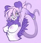 anthro areola biped breasts chest_tuft female fur hair nipples nude open_mouth pink_hair purple_background purple_body purple_fur simple_background solo tentacles tongue tongue_out tuft yellow_sclera firekitty mora dorukolorukalai mammal digital_media_(artwork) half-length_portrait portrait purple_theme