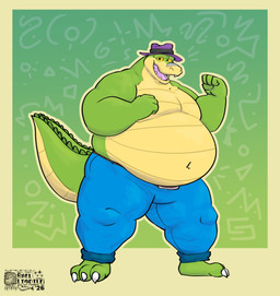 3_toes 4_fingers anthro belly big_belly biped bottomwear clothing feet fingers green_body hat headgear headwear male open_mouth overweight overweight_male pants solo standing toes baelliodile brok_the_investigator cowcat_games brok_(brok_the_investigator) alligator alligatorid crocodilian reptile scalie 2026 absurd_res hi_res