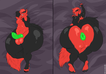 animal_genitalia anthro anus balls bed bed_sheet bedding black_body black_fur canine_genitalia dakimakura duo fur furniture genitals glistening glistening_body green_anus green_penis knot looking_at_viewer male on_bed open_mouth penis plantigrade presenting presenting_anus puffy_anus red_body red_fur smile wide_hips viola_bat canid canine canis mammal wolf absurd_res dakimakura_design hi_res