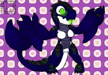 4_fingers 4_toes anthro arm_fin biped black_claws blue_body blue_skin blush breasts chibi claws countershading dark_body dark_skin featureless_breasts feet female fin fingers glowing glowing_eyes green_eyes green_tongue heart_symbol long_tail non-mammal_breasts open_mouth pattern_background purple_background radioactive simple_background solo spines standing tail toes tongue white_body white_countershading nut-case rismic jade_"cascade" aquatic cetacean dolphin kaiju mammal oceanic_dolphin orca toothed_whale 2014 digital_media_(artwork) watermark
