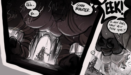 anthro anthro_focus antlers big_breasts blindfold bodily_fluids breasts caught_in_the_act caught_masturbating claws crouching dialogue duo female female_focus genital_fluids genitals holding_melee_weapon holding_object holding_weapon horn larger_female leg_wraps macro_female male masturbation melee_weapon sharp_teeth size_difference smaller_male speech_bubble teeth thick_thighs vaginal vaginal_fluids vaginal_masturbation vulva weapon wraps thesociallyawkwardpinguin bloodborne fromsoftware sony_corporation sony_interactive_entertainment the_hunter_(bloodborne) vicar_amelia beast_(bloodborne) canid canine human mammal hi_res