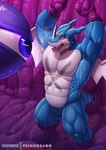 anthro blue_body duo eye_contact eyeball floating_eye looking_at_another male markings muscular muscular_anthro muscular_male open_mouth sharp_teeth teeth wings primodrago bandai_namco digimon patreon digimon_(species) exveemon 2022 artist_name digital_media_(artwork) hi_res