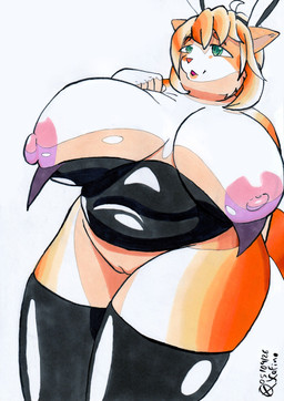 anthro areola big_breasts breasts bunny_costume clothed clothing costume easter_egg_costume fake_ears fake_rabbit_ears female footwear fur genitals green_eyes hair huge_breasts innie_vulva latex latex_clothing latex_footwear latex_socks legwear mature_female nipples orange_body orange_fur orange_hair pantsless pantsless_female slightly_chubby smile socks solo stockings tail thick_thighs thigh_highs thigh_socks vulva wardrobe_malfunction white_body white_fur wide_hips xefino akizuki_(xefino) domestic_cat felid feline felis mammal absurd_res hi_res
