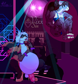 alcohol anthro armwear bar belly beverage big_belly black_hair bodily_fluids clothed clothing collar crossdressing crowd elbow_gloves female female_prey femboy footwear genital_fluids genitals gloves group hair handwear high_heels internal legwear lights male male/female male_pred navel penis pole ponytail precum pumps shoes stockings strip_club stripper_pole vore white_hair sugarblight janice_(navaras) jenifer canid canine felid fox leopard mammal pantherine procyonid raccoon reptile scalie snow_leopard hi_res
