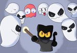 ambiguous_gender anthro big_eyes black_body black_eyes black_fur blue_pupils clothing fur grey_clothing grey_uniform group magic magic_wand open_mouth pupils simple_eyes smile stick tongue tongue_out white_pupils yellow_eyes unknown_artist google google_doodle magic_cat_academy mario_bros nintendo blinky_(pac-man) momo_(google) boo_(mario) domestic_cat felid feline felis ghost mammal spirit waddling_head