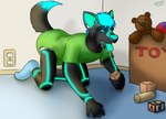 anthro biped bodily_fluids clean_diaper clothed clothing crawling detailed_background diaper diaper_under_clothing diaper_under_onesie drooling fur hair looking_at_viewer male onesie open_mouth saliva solo text wearing_diaper airwolf1987 cypher_(diaperedglowwolf) canid canine canis mammal wolf 2016 digital_drawing_(artwork) digital_media_(artwork) english_text signature