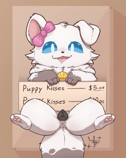 animal_genitalia animal_vulva anus bell black_vulva blue_eyes blush blush_lines bodily_fluids bow_ribbon canine_genitalia canine_vulva female feral fur genitals holding_object holding_sign looking_at_viewer lying on_back pawpads presenting presenting_vulva saliva saliva_on_tongue sign simple_background solo text tongue tongue_out vulva white_body white_fur wolps pankata canid canine canis domestic_dog mammal 4:5 hi_res signature