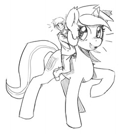 clothed clothing cutie_mark duo female female_feral feral grin horn looking_back male open_mouth riding smile standing straddling mewball friendship_is_magic hasbro my_little_pony mythology lyra_heartstrings_(mlp) equid equine human mammal mythological_creature mythological_equine unicorn 2013 monochrome
