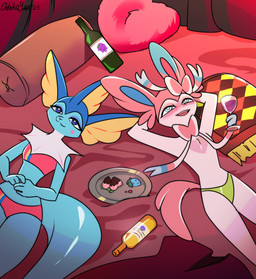 alcohol_bottle anthro anthrofied beverage_bottle blue_body blue_eyes blush blush_lines blushing_profusely bottle chest_markings clothing container drunk duo female frill_(anatomy) fur hands_behind_head hands_together heart_(marking) holding_glass holding_object lying male markings neck_frill on_back pattern_clothing pattern_swimwear pink_body pink_clothing pink_fur pink_swimwear pink_tail plate pokemorph purple_eyes ribbons_(anatomy) smile striped_clothing striped_swimwear stripes substance_intoxication swimwear tail text white_body white_fur odeko-yma nintendo pokemon pix_(odeko-yma) vivian_(odeko-yma) eeveelution generation_1_pokemon generation_6_pokemon pokemon_(species) sylveon vaporeon 2025 absurd_res artist_name hi_res