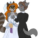 1:1 2016 5_fingers anthro black_nose black_tie_(suit) blush breasts brown_body brown_fur brown_hair bruce_altone canid canine canis clothing crown dancing dress duo female fingers fur gem gloves green_eyes grey_body grey_fur hair hand_holding handwear headgear hi_res humanoid_hands husband_and_wife interlocked_fingers jewelry love male male/female mammal markings married_couple necklace pearl_(gem) pearl_necklace phuufy procyonid raccoon red_hair ring_(marking) ringed_tail romantic romantic_couple smile striped_markings striped_tail stripes suit tail tail_markings the_darwin_chronicles tiara tracy_mombaro wedding wedding_dress wolf