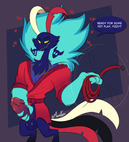 4_fingers abstract_background anthro balls bathrobe beak big_balls big_penis blue_body blue_feathers bodily_fluids clothing dialogue feathers fingers fluffy fluffy_chest genital_fluids genitals green_eyes heart_symbol hearts_around_head holding_penis leash male motion_lines penis precum red_bathrobe red_clothing red_robe robe smile solo tail tail_feathers text mandyfoxy hellaverse helluva_boss asmodeus_(helluva_boss) avian bird chicken demon galliform gallus_(genus) phasianid 2025 absurd_res artist_name digital_drawing_(artwork) digital_media_(artwork) english_text hi_res signature