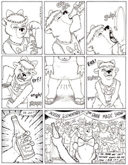 4_fingers 4_toes accessory alcohol anthro audience beer beverage black_nose bottle bow_(feature) bow_accessory bow_ribbon centered_hair_bow classroom claws container dialogue eyes_closed fainting feet female fingers frown group hair_accessory hair_bow hair_ribbon hand_on_face hand_on_mouth humor ill improvised_sex_toy joke magic_show male onomatopoeia open_mouth penetration ribbons school solo_focus sound_effects speech_bubble teeth text toes tongue tongue_out young young_anthro james_m_hardiman penance bear bovid bovine cattle domestic_cat felid feline felis mammal black_and_white comic english_text monochrome