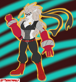 abs anthro belt big_breasts boots bottomwear breasts clothing cybernetic_arm cybernetic_limb female footwear fur grey_body grey_fur grey_hair hair high_heeled_boots high_heels mask mechanical_arm navel pants red_eyes shoes solo star text topwear white_body white_fur zipper tigerthewolf bandai_namco digimon digimon_beatbreak digimon_(species) wolvermon 2025 artist_name digital_media_(artwork) hi_res