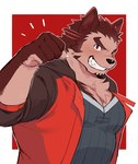 anthro anthrofied brown_body brown_fur eyebrows fur grin male muscular muscular_anthro muscular_male pecs red_eyes smile solo thick_eyebrows kimi6666 lifewonders live_a_hero akashi_(live_a_hero) canid canine canis domestic_dog mammal hi_res