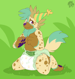 4_fingers 4_toes ambiguous_gender anthro big_diaper brown_body brown_fur brown_hair brown_spots claws clean_diaper clothed clothing diaper digitigrade dipstick_tail fangs featureless_crotch feet finger_claws fingers fur gloves_(marking) grass green_background green_body green_fur green_hair green_tail green_tail_tip hair hat headgear headwear kneeling leg_markings logo markings mohawk multicolored_body multicolored_fur multicolored_hair nude party_hat pattern_clothing pattern_hat pattern_headgear pattern_headwear pawpads plant purple_claws purple_nose purple_pawpads shrub simple_background smile socks_(marking) solo spots spotted_body spotted_face spotted_fur striped_clothing striped_hat striped_headgear striped_headwear stripes tail tail_markings teeth three-quarter_view toe_claws toes two_tone_hair two_tone_tail wearing_diaper yellow_body yellow_fur yellow_tail bubblepuppers vanela_(character) hyena mammal artist_logo full-length_portrait hi_res portrait