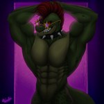 abs absurd_res alligator alligatorid animatronic anthro barazoku biceps black_sclera choker collar crocodilian eyewear five_nights_at_freddy's five_nights_at_freddy's:_security_breach flexing glasses glowing glowing_eyes green_body grin hair hands_behind_head hi_res jewelry machine male male/male mohawk muscular necklace nude pecs pink_background purple_background purple_eyewear purple_glasses red_eyes red_hair reptile robot scalie scottgames shaded signature simple_background smile solo spiked_collar spikes star_glasses steel_wool_studios tail teeth xeresarts