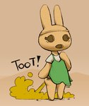 anthro barefoot clothing dress embarrassed exclamation_point fart fart_fetish feet female green_clothing green_dress onomatopoeia rabbit_ears shirt shocked simple_background solo sound_effects tan_background text tied_panties topwear white_clothing white_shirt white_topwear jubb animal_crossing nintendo coco_(animal_crossing) gyroid hybrid lagomorph leporid mammal rabbit 2021 artist_name low_res