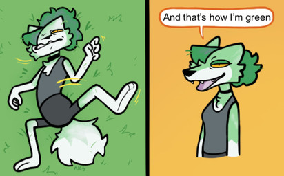 4_fingers anthro barefoot breasts chest_tuft clothed clothing feet female fingers fur fur_tuft grass green_body green_fur green_hair hair hair_over_eye motion_lines plant tear_trough text tuft white_body white_fur ncs nance_(ncs) canid canine canis mammal wolf english_text hi_res