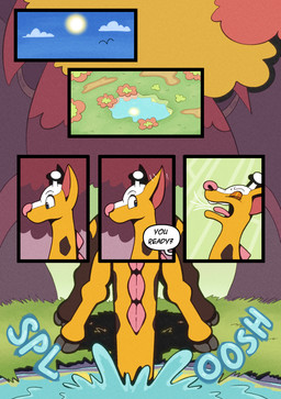 antlers blue_eyes brown_body brown_fur cloud cloven_hooves dialogue fur grass grass_field holding_breath hooves horn plant pond sound_effects speech_bubble spikes spikes_(anatomy) sun text tree water yellow_body yellow_fur trevor-fox nintendo pokemon kyp_(character) trevor-fox_(character) generation_2_pokemon girafarig pokemon_(species) comic english_text hi_res nonbinary_(lore)