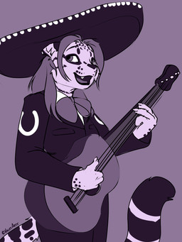acoustic_guitar anthro breasts female guitar hair holding_guitar holding_musical_instrument holding_object mariachi musical_instrument playing_guitar playing_music plucked_string_instrument simple_background smile solo string_instrument halcy0n felid feline leopardus mammal ocelot 2020 3:4 hi_res