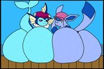 ambiguous_gender big_butt bodily_fluids butt clothing duo feral frill_(anatomy) hat headgear headwear huge_butt looking_at_viewer nude one_eye_closed purple_eyes sweat sweaty_butt tail thick_thighs wide_hips kmcrawolfy nintendo pokemon canid canine eeveelution generation_1_pokemon generation_4_pokemon glaceon mammal marine pokemon_(species) vaporeon 3:2 female_(lore)