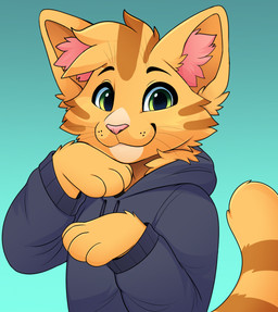 anthro black_eyebrows blue_background cheek_tuft clothing eyebrows facial_tuft fur green_eyes grey_clothing grey_hoodie grey_topwear hoodie inner_ear_fluff long_sleeves looking_at_viewer male markings orange_body orange_fur pink_inner_ear_fluff pink_nose simple_background smile solo tail topwear tuft whiskers feve domestic_cat felid feline felis mammal colored digital_drawing_(artwork) digital_media_(artwork) hi_res shaded