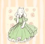 anthro clothing dress eyes_closed female flower fur horn long_ears pattern_background pink_background plant rose_(flower) simple_background smile solo striped_background white_body white_fur petite-pumpkin undertale undertale_(series) toriel boss_monster_(undertale) bovid caprine mammal digital_media_(artwork)