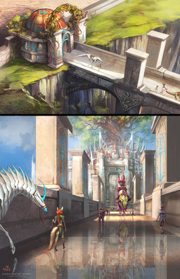 ambiguous_gender anthro blue_horn bridge building cliff cliff_side clothing ehraan_city entry_way female feral giant_tree group hair horn long_horn long_tail plant red_hair reflection reflective reins saddle saddle_bag stone_bridge stone_floor tail tree vines walking alectorfencer myre mythology myre_(alectorfencer) varug canid canine canis coyote dragon mammal mythological_creature mythological_scalie scalie unknown_species hi_res