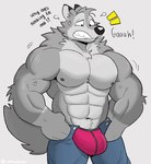 abs anthro barazoku biceps big_bulge biped black_nose bodily_fluids bottomwear bulge clenched_teeth clothed clothing cross-popping_vein dialogue flying_sweatdrops fur grey_background grey_body grey_fur male muscular muscular_anthro muscular_male navel nipples pants pecs simple_background solo standing struggling_to_fit sweat sweatdrop tail talking_to_self teeth text topless undersized_clothing underwear wardrobe_malfunction ruffusbleu tight_pants_(meme) ruffus_(ruffusbleu) canid canine canis mammal wolf himbo 2023 digital_media_(artwork) english_text hi_res meme