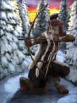 anthro arrow_(weapon) bow_(weapon) brown_body brown_fur clothing coat crouching evergreen_tree female fur fur_lined_clothing fur_markings hunting markings morning mountain pine_tree plant ranged_weapon sky snow snowflake snowing solo sunrise topwear tree weapon winter yellow_eyes yenocwolf secrets_of_uncrom uncrom valtalska sivra_lundvar canid canine dire_wolf mammal prehistoric_species valtalska_dercas 3:4 absurd_res hi_res