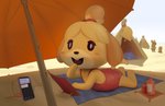 anthro beach beach_blanket cellphone clothing electronics female fur hair looking_at_viewer lying on_front one-piece_swimsuit open_mouth outside phone seaside smartphone smile solo sunscreen swimwear teeth tongue umbrella yellow_body yellow_fur felyn animal_crossing nintendo isabelle_(animal_crossing) canid canine canis domestic_dog mammal shih_tzu toy_dog hi_res