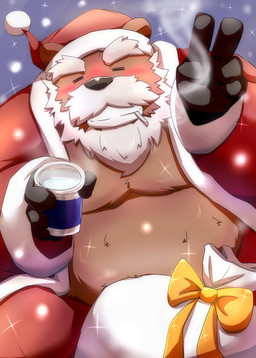 anthro blush bottomwear brown_body brown_fur christmas_clothing christmas_headwear clothed clothing fur hat headgear headwear holidays humanoid_hands kemono male overweight overweight_anthro overweight_male pants santa_hat smoking solo emufu christmas santa_claus bear mammal 2015 hi_res