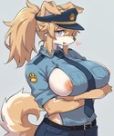 anthro areola areola_slip arm_tuft arm_under_breasts bangs belt belt_buckle big_breasts biped black_belt black_nose blep blue_background blue_bottomwear blue_clothing blue_eyes blue_hat blue_headwear blue_necktie blue_shirt blue_topwear bottomwear breasts buckle button_ears clothed clothed_anthro clothed_female clothing countershade_breasts countershade_face countershade_fur countershade_torso countershading curled_tail elbow_tuft female female_anthro floppy_ears fur hair hair_between_eyes half-closed_eyes hat headgear headwear heart_symbol ineffective_clothing kemono looking_at_viewer mouth_closed multicolored_body multicolored_fur multicolored_tail narrowed_eyes naughty_face necktie nipple_slip nipples pink_areola pink_nipples pink_tongue police police_uniform ponytail pose pupils shirt side_boob sidelocks simple_background slit_pupils solo tail tan_body tan_ears tan_fur tan_hair three-quarter_view tongue tongue_out topwear tuft two_tone_body two_tone_fur two_tone_tail uniform visor_cap white_body white_breasts white_countershading white_fur white_sclera gayoku_midara canid canine canis domestic_dog mammal 5:6 digital_media_(artwork) half-length_portrait hi_res pinup portrait