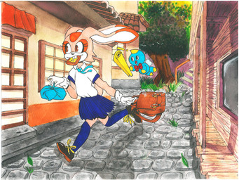 anthro asian_clothing bread clothing duo east_asian_clothing eat_and_run female food japanese_clothing japanese_school_uniform legwear male male/female running school_uniform stockings toast toast_in_mouth toast_of_tardiness town uniform wall_(structure) watercolor_background wood wood_wall autenticovadito sega sonic_the_hedgehog_(series) cream_the_rabbit lagomorph leporid mammal rabbit hi_res marker_(artwork) painting_(artwork) traditional_media_(artwork) traditional_painting_(artwork) traditional_watercolor_(artwork) watercolor_(artwork)