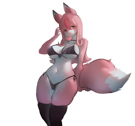 anthro big_breasts bra breasts clothed clothing curvy_figure female female_anthro fur hourglass_figure kemono panties pink_body pink_fur side-tie_panties simple_background skimpy solo underwear white_background white_body white_fur wide_hipped_anthro wide_hipped_female wide_hips utterangle brand_new_animal studio_trigger nazuna_hiwatashi canid canine fox mammal absurd_res hi_res