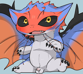 anthro balls black_sclera blue_body blue_scales blush chibi claws countershading fin flaccid foreskin frill_(anatomy) genitals horn male penis scales simple_background sitting small_penis solo spikes whiskers wings doneru capcom monster_hunter elder_dragon namielle comic hi_res