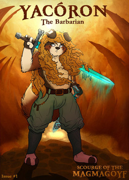 4_toes 5_fingers blonde_hair clothing day detailed_background eyebrows feet fingers fur glowing grey_eyes hair holding_melee_weapon holding_object holding_sword holding_weapon light long_hair male melee_weapon multicolored_body multicolored_fur orange_background shadow simple_background solo standing sun sword text toes weapon pankallisti yacoron_the_barbarian canid canine canis domestic_dog mammal 2019 english_text hi_res