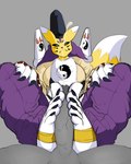 anthro bodily_fluids claws clothed clothing cum duo feet female foot_fetish foot_play footjob fur genital_fluids grey_body male male/female sex stirrup_footwear toe_claws white_body white_fur yellow_body yellow_fur dottfeet bandai_namco digimon canid canine digimon_(species) fox humanoid mammal taomon 4:5 hi_res