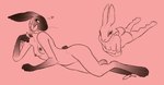 anthro breasts crossed_arms duo female flower genitals heart_symbol holding_flower holding_object lying nipple_piercing nipples nude on_front on_side piercing pink_background plant pussy simple_background keroa lagomorph leporid mammal rabbit 2022 hi_res sketch