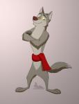 anthro biped countershading crossed_arms featureless_crotch fur gradient_background grey_body grey_fur male mostly_nude pink_background simple_background solo standing toony towel gangstaguru crocpond wink_(crocpond) canid canine canis mammal wolf 2015 digital_media_(artwork) hi_res