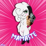 anthro black_ears breasts chibi featureless_breasts featureless_crotch female fur green_eyes hair looking_at_viewer nude one_eye_obstructed pink_background pointing_gun scut_tail short_tail simple_background solo tail text toony white_body white_fur white_hair white_tail white_wool wool_(fur) zatira bovid caprine domestic_sheep mammal sheep 1:1 2024 hi_res meme signature spanish_text