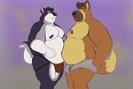 anthro belly belly_to_belly bulge clothing duo hair jockstrap male moobs nipples obese obese_anthro obese_male overweight overweight_anthro overweight_male purple_background simple_background standing underwear tcw canid canine canis domestic_dog mammal 2021 absurd_res hi_res